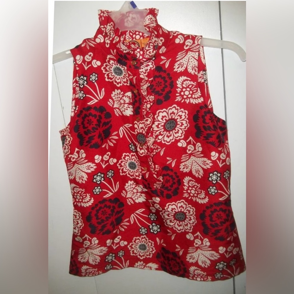 Tory Burch Red Floral button-up ruffle Blouse Excellent Condition